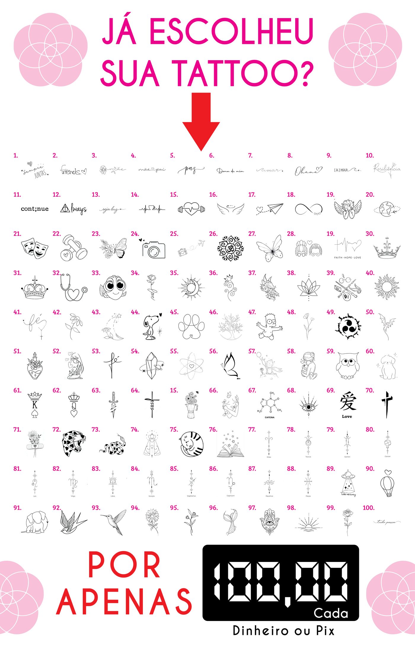 Flyer com 100 sugestões de tatuagem da Joy Tattoo — flashes numerados de 1 a 100